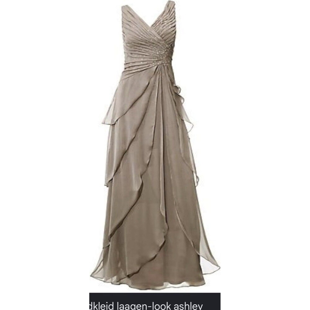 Ignite Evenings by Carol Lin Gray Beaded Pleated Chiffon V-Neck Long Dress 8